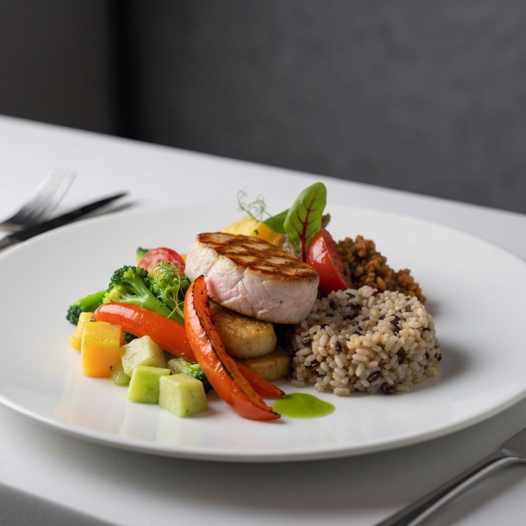 Professionell plattierte Mahlzeit mit Gemüse und Protein